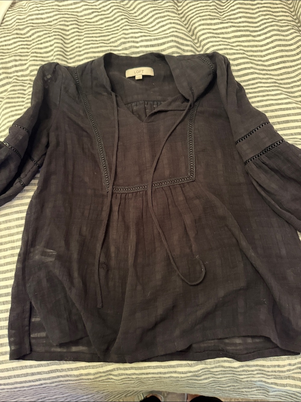 LOFT Women's Black Tie-Neck Peasant Top M